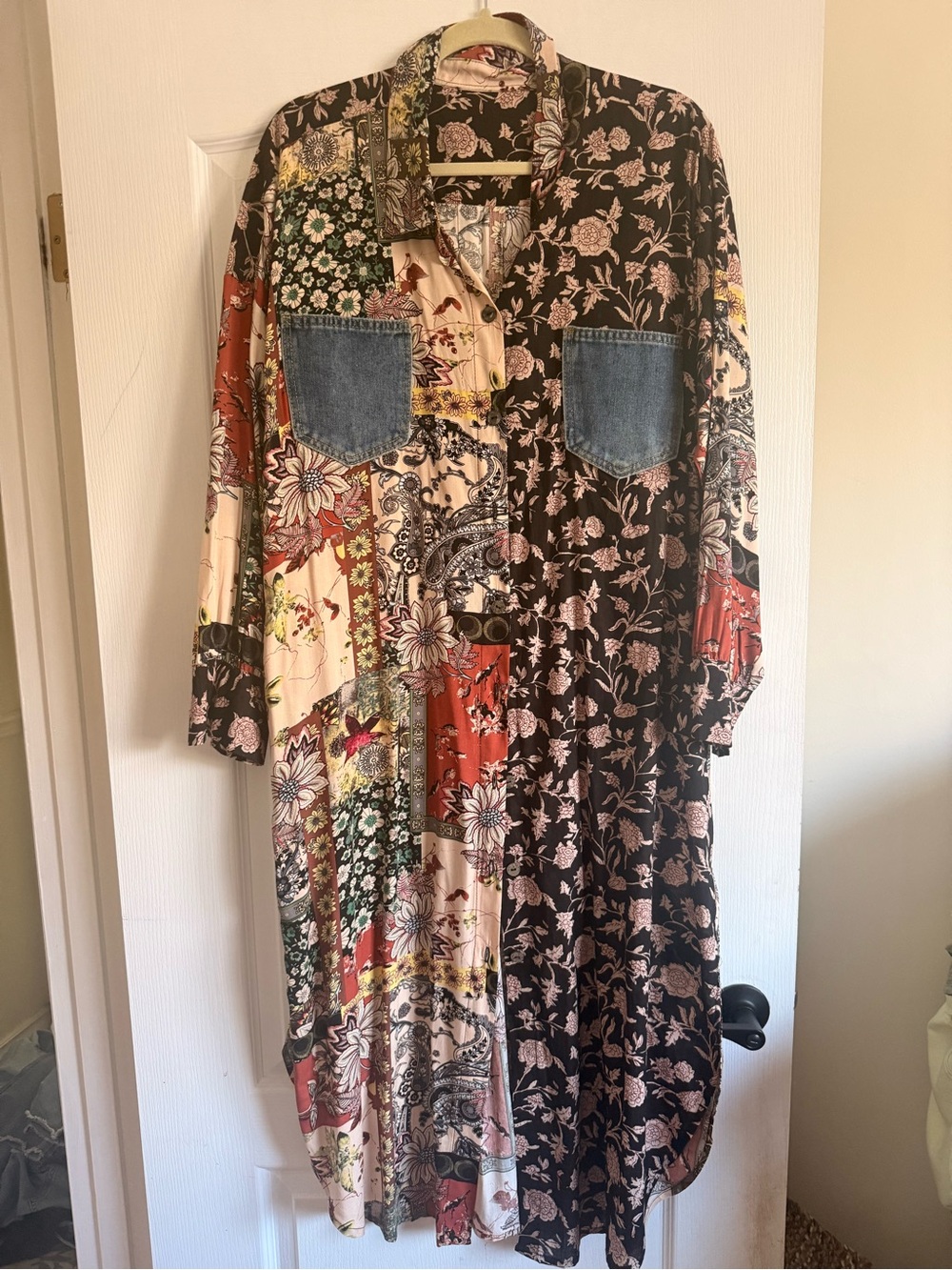 Patchwork Floral Button-Front Maxi Dress in Multi